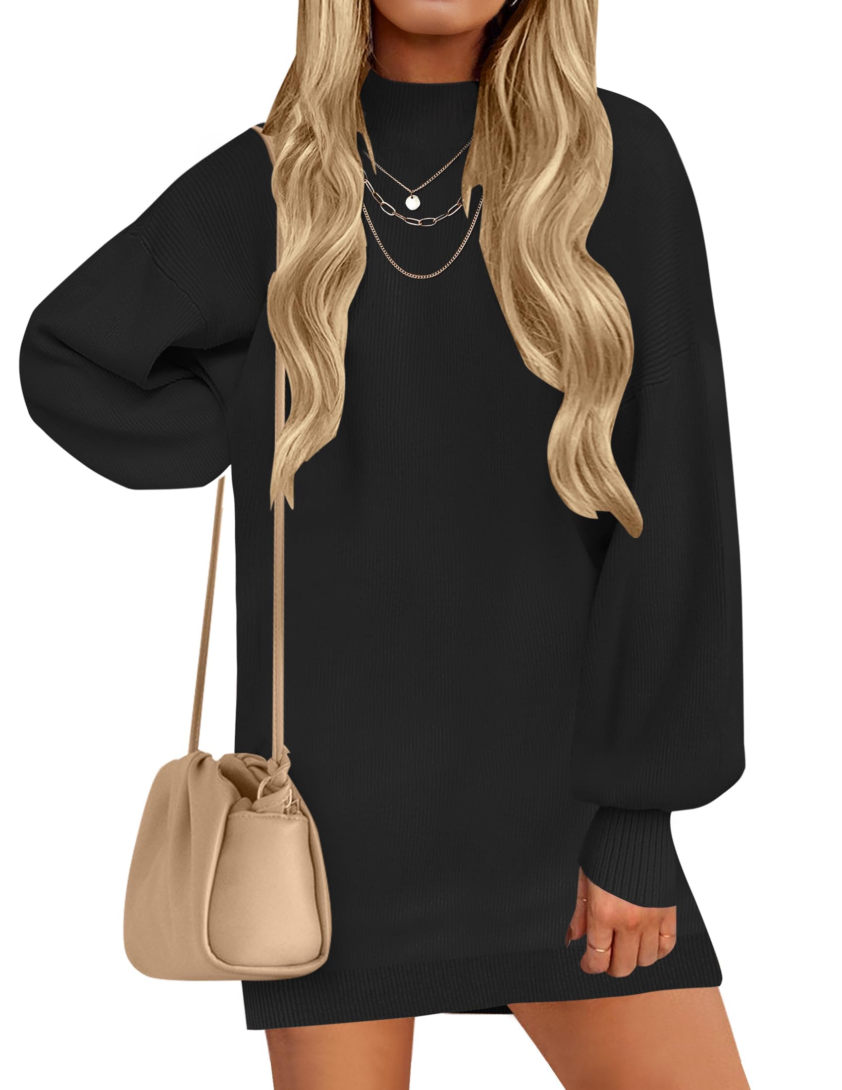 ZESICAWomen's 2023 Fall Turtleneck Sweaters Dress Oversized Long Lantern Sleeve Casual Knit Pullover Short Dresses