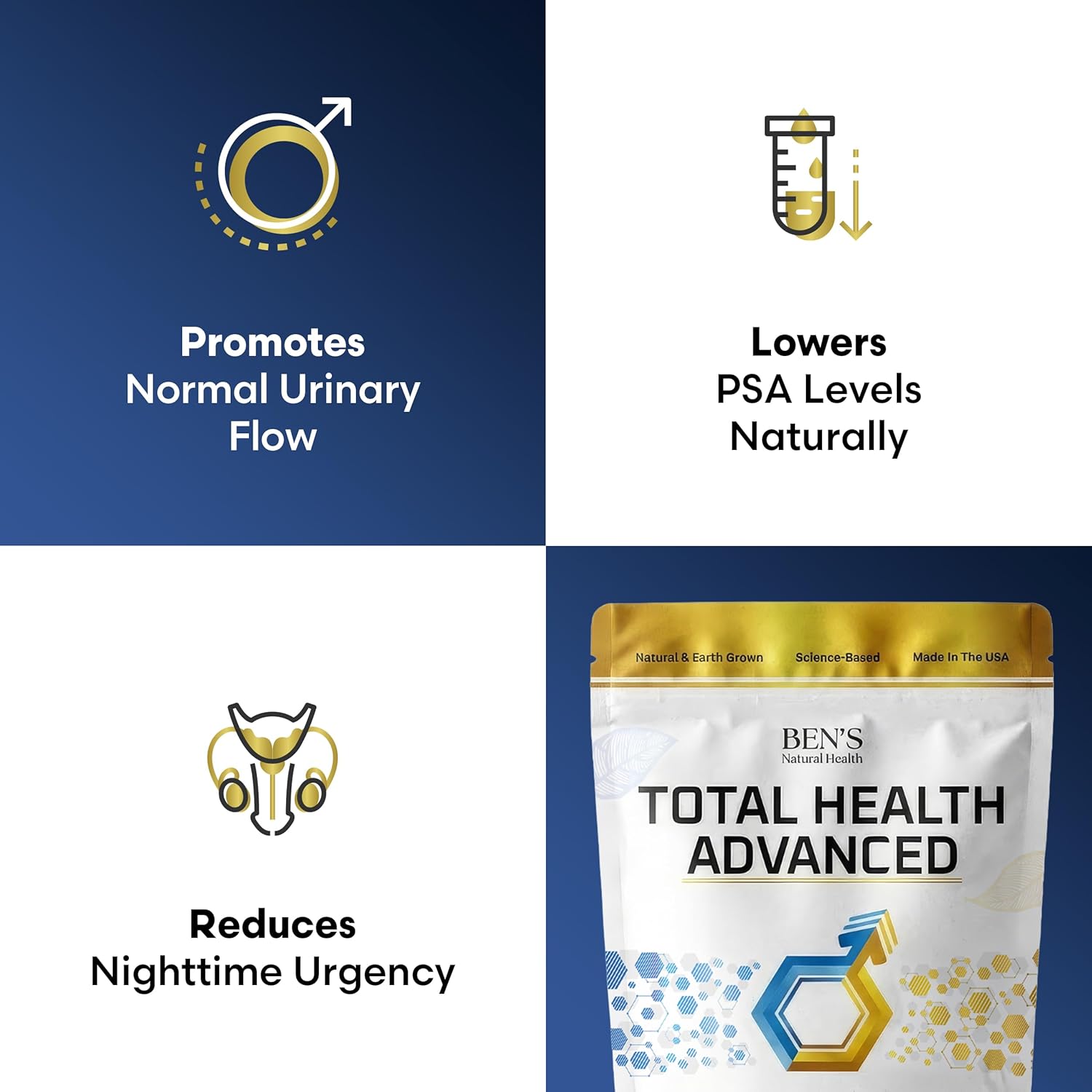 Ben's Natural Health Total Health Advanced, Prostate Support Supplement with 29 Ingredients Beta‑Sitosterol, Vitamins C, D, E, Zinc, Pygeum, Turmeric, Holy Basil, 150 Capsules, 3 Pack