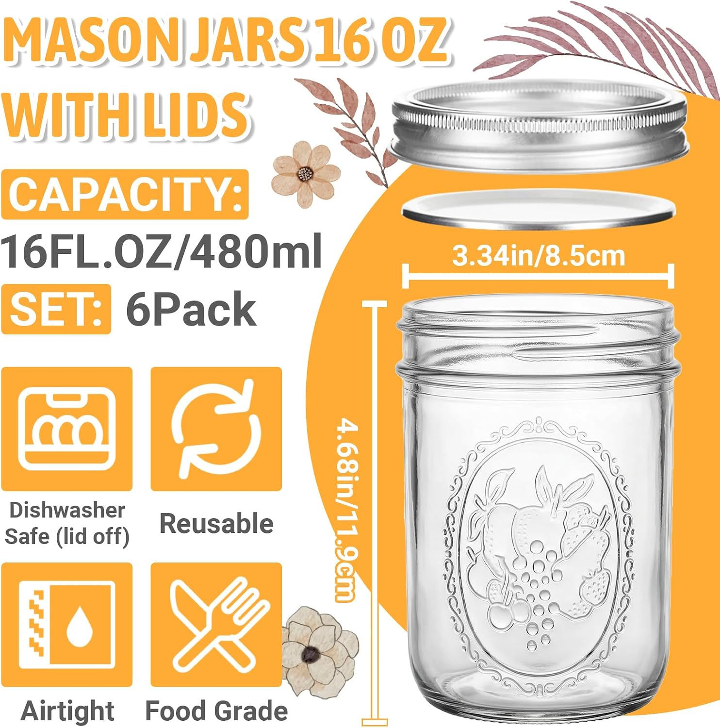 Wide Mouth Mason Jars 16 oz 6 Pack with Airtight Lids & Measurement Marks