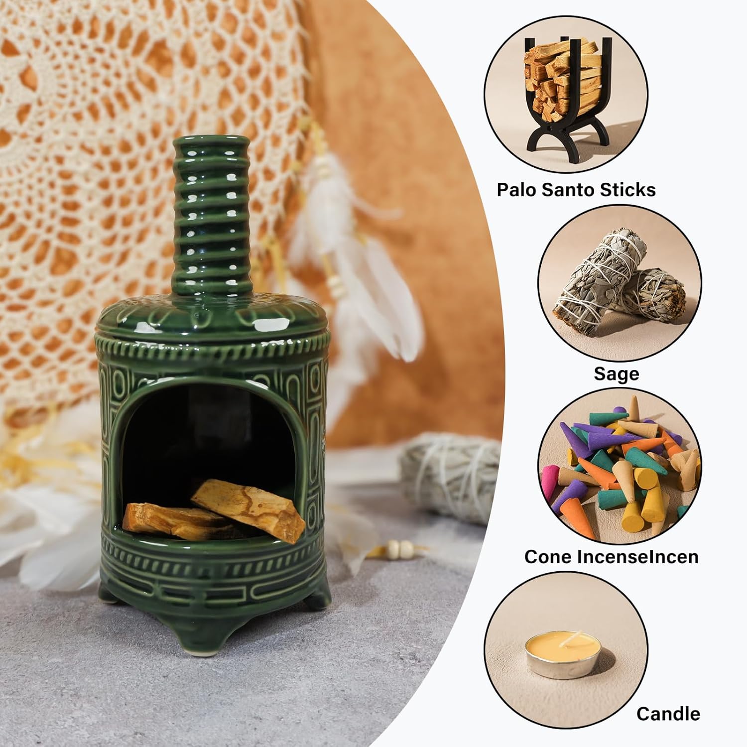 MOUGIGI Handmade Ceramic Palo Santo Holder & Mini Chiminea Incense Dish-Perfect for Palo Santo Sticks, Altar，Sage, and Cone Burning-Zen Decor for Energy Cleansing, Yoga, Meditation & Aromatherapy