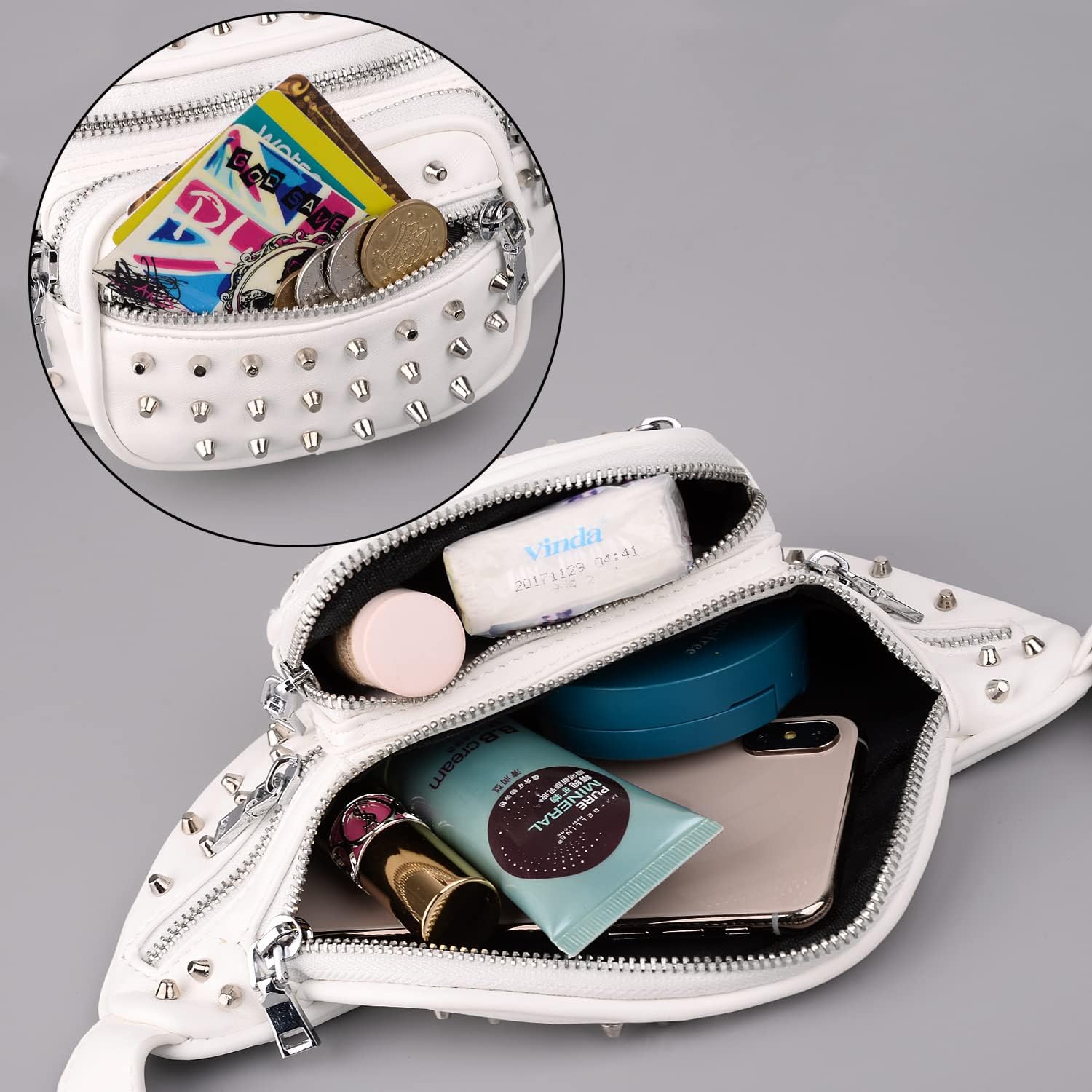 Fanny-Pack-for-Women-Leather Vegan UTO Waist Bag Rivet Studded Lightweight Zipper Pocket Shoulder Purse - Image 2