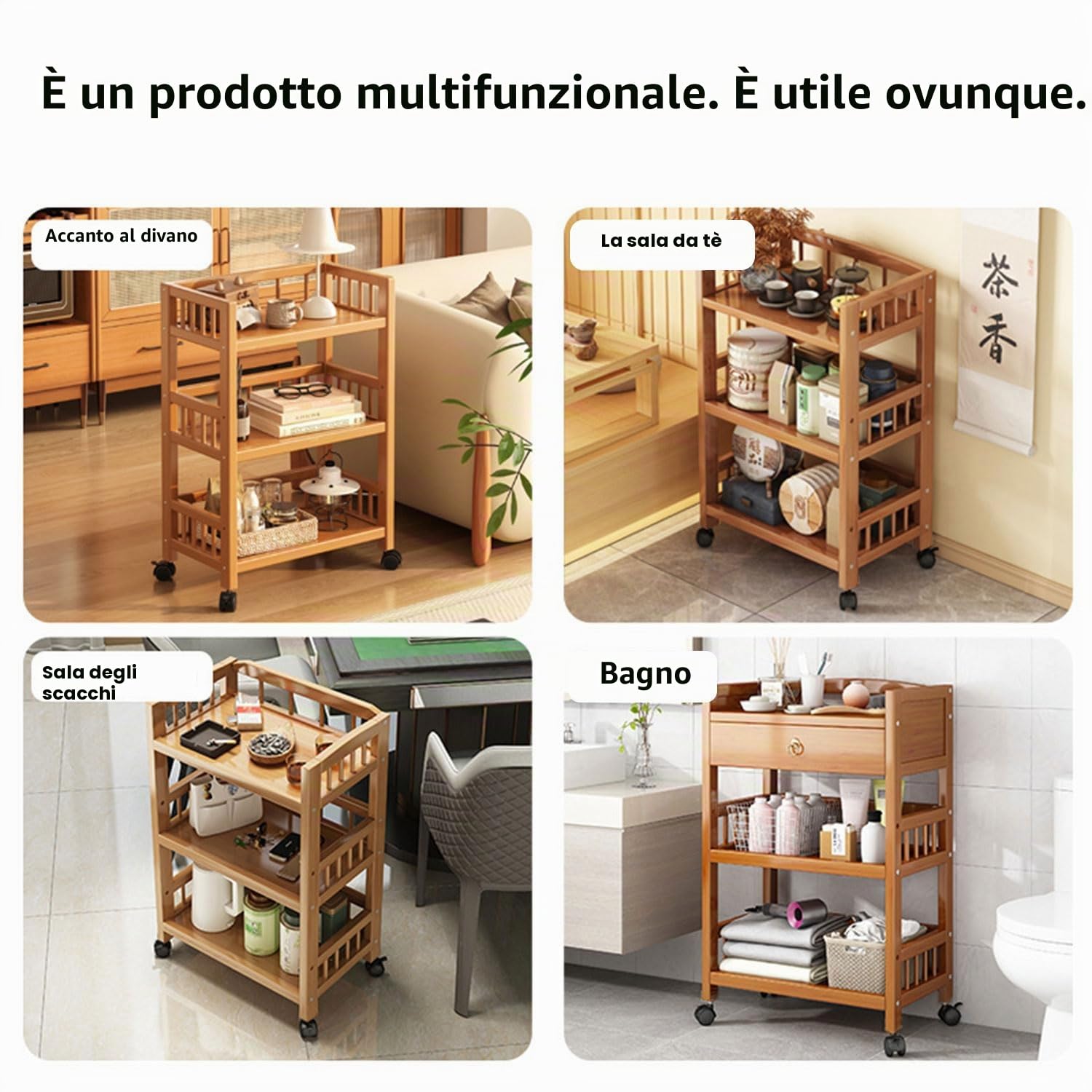 Carrello da portata con ruote, carrello da cucina in legno, 3 ripiani, carrello mobile multiuso per cucina, bagno, corridoio e balcone, carrello salvaspazio