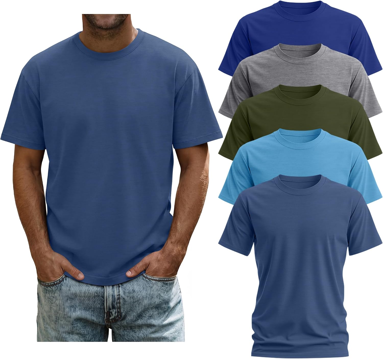 Evervibe 5 Pack Men Big and Tall T-Shirts | Short Sleeve Crew Neck Shirts Bulk, Multipack Casual Basic Tops, Lightweight Daily Summer Clothing for Work, Travel, L-7XL