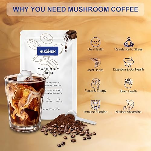 Miniatura 3 de Café de hongos, café instantáneo orgánico con melena de león, reishi, cordyceps, colágeno, -glucano (prebiótico) para concentración, energía, apoyo