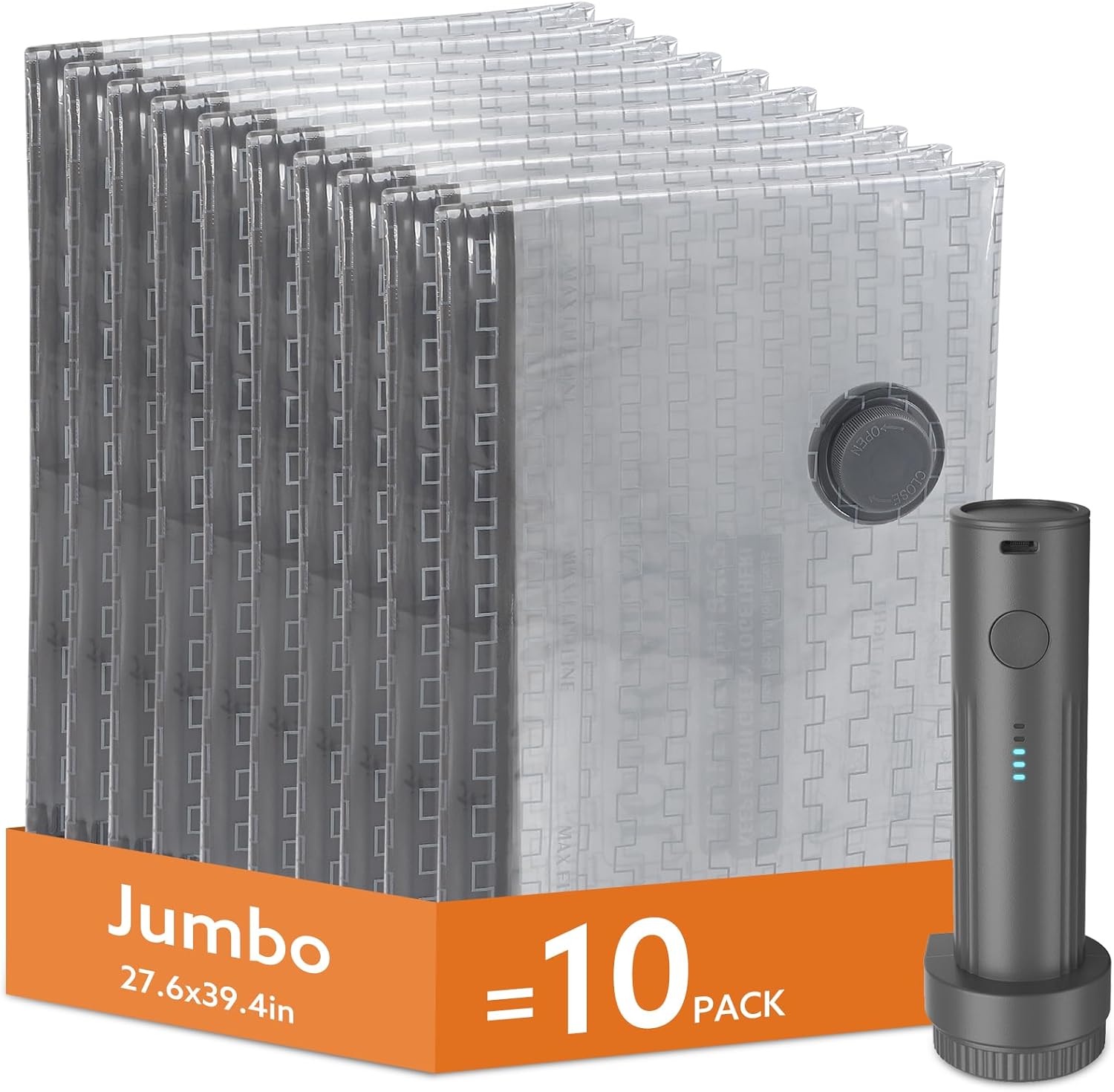 Vacuum Storage Bags Jumbo with Wireless Charging Air Pump, 10 Pack Vacuum Seal Bags 27.6x39.4 inches, Compression Bags for Blankets, Comforters, Pillows, Bedding,Down Jacket, Clothes Storage