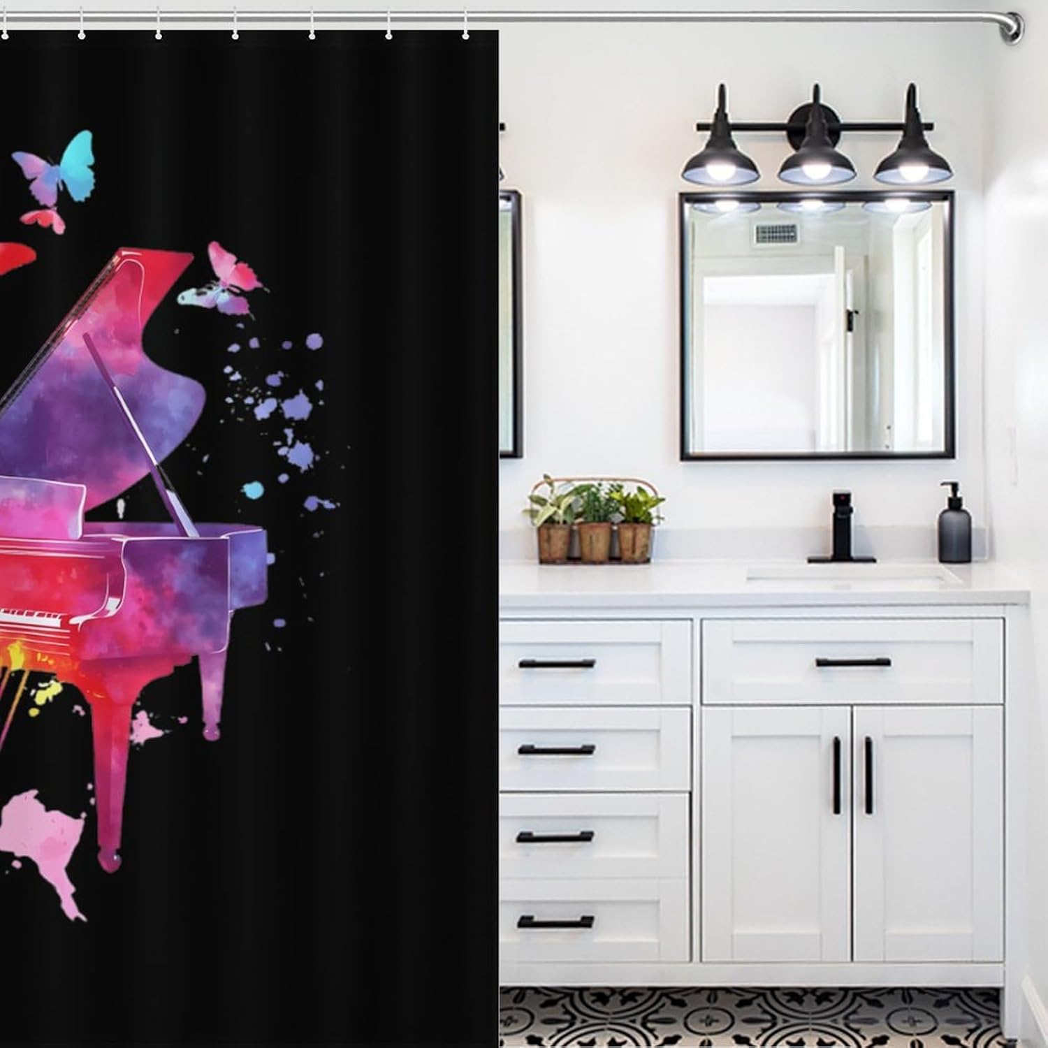 Colorful Piano with Butterflies Funny Shower Curtains Washable Bath Curtain Liner with Hooks for Bathroom Bath Tubs