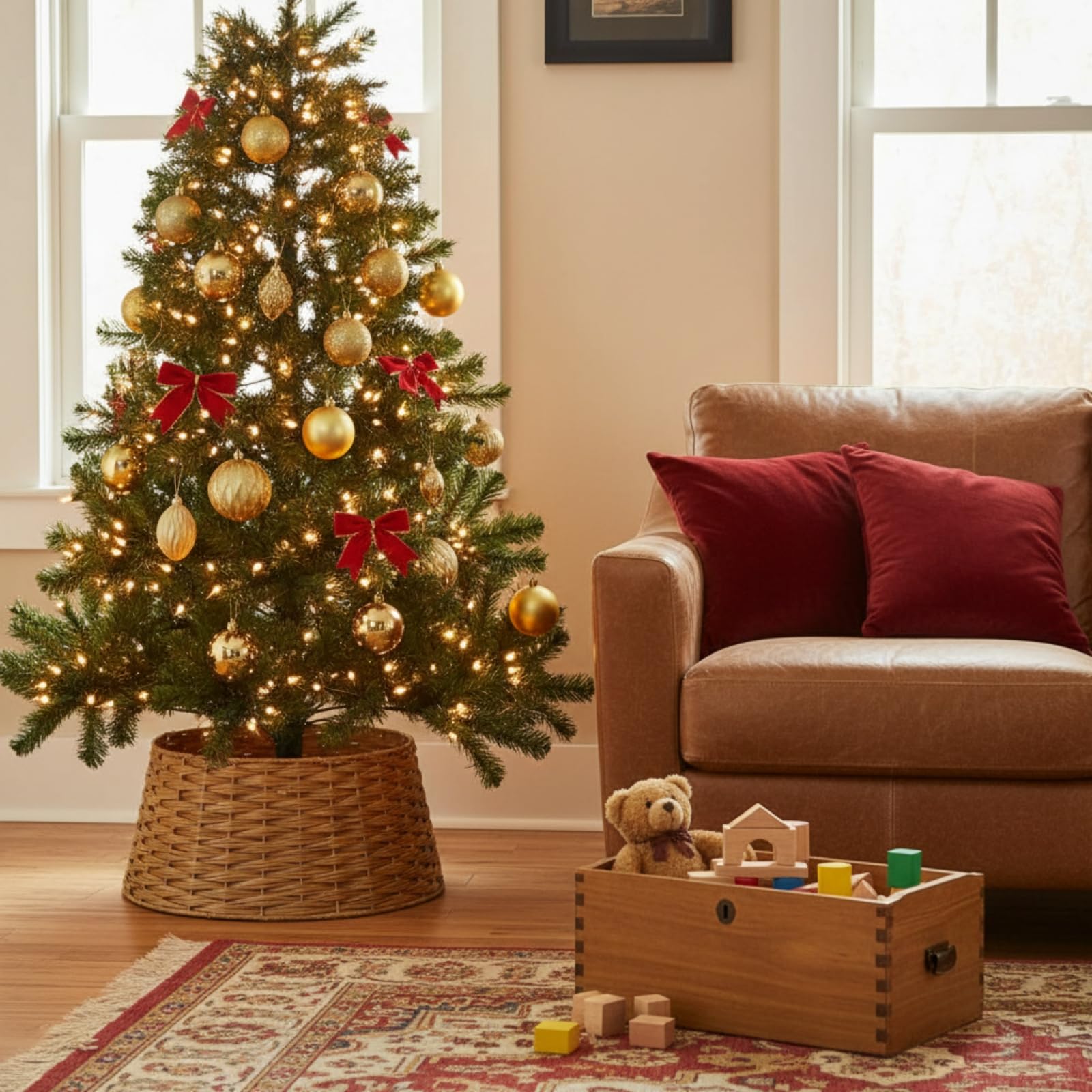 Copri Base Albero di Natale con Motivo Intrecciato da 40 Cm a 53 Cm Alto 26 Cm per Supporto Metallico Cavi in Soggiorno Camera da Letto