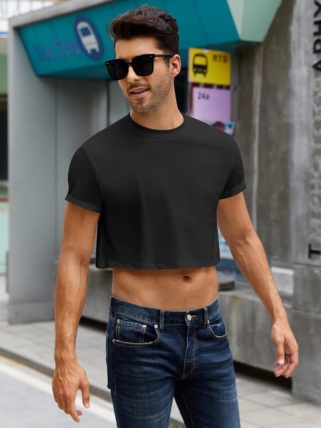 Karlywindow Mens Cropped Tank Top Short Sleeve Print Cotton Crop T Shirt Hot Shirts - Image 2