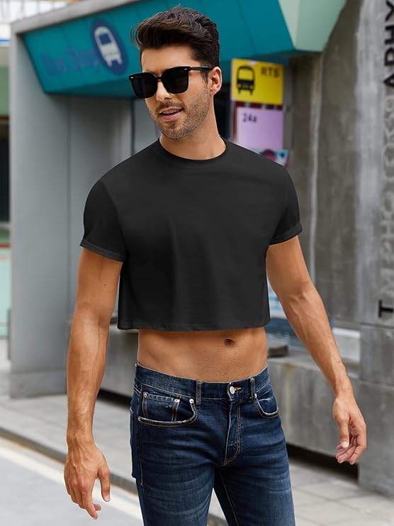 Karlywindow Mens Cropped Tank Top Short Sleeve Print Cotton Crop T Shirt Hot Shirts