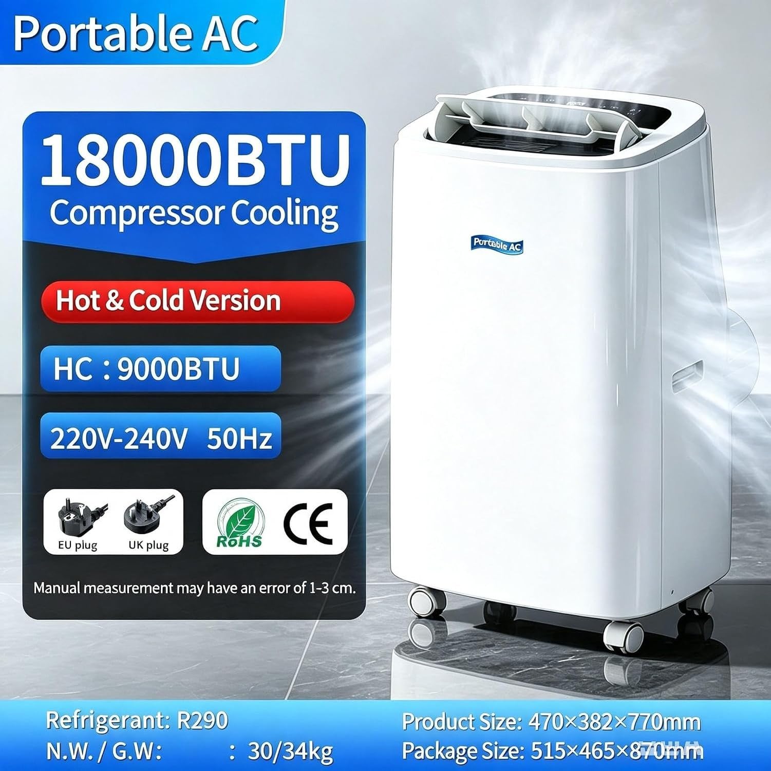 Aire Acondicionado Portátil 18000 BTU Frío y Calor 2 en 1, Unidad de Enfriamiento con Ruedas y Alto Rendimiento, Climatizador de Pie para Salón, Oficina, B+Hot & Cold 18000 BTU, B+Hot & Cold 18000 BTU