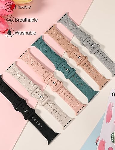 Miniatura 6 de Paquete de 2 correas de dibujos animados compatibles con Apple Watch de 384041424445461.929 in para mujer, correa de silicona suave grabada para