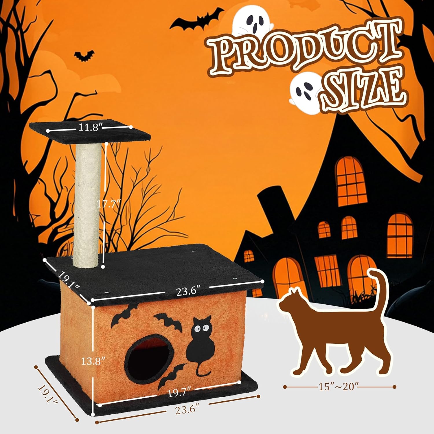 Outvita Halloween Cat Tree, 33" Cat Tower with Spacious Cat Condo, Gothic Scratching Posts, Large Platform, Cat Activities Furniture, Orange & Black