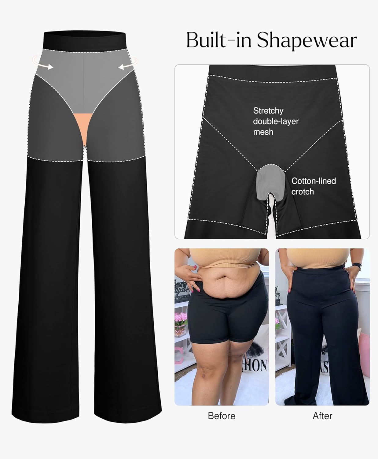 Popilush Dress Pants for Women Tummy Control 2 in 1 Work High Waisted Wide Leg with Pockets Business Casual Outfits - Image 4