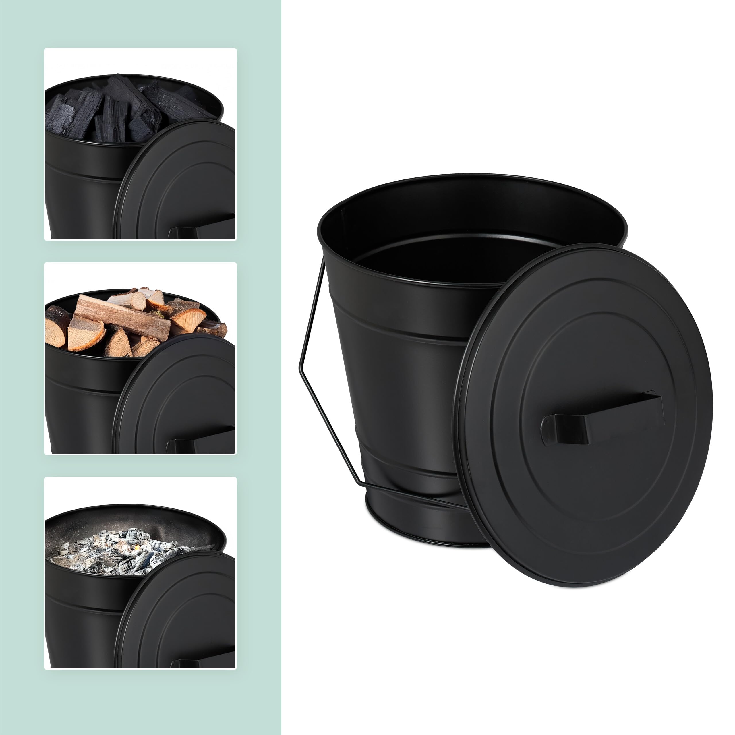 Relaxdays Cubo para Cenizas con Tapa, 7 L, Accesorio para Chimenea, Estufa, con Asa, Almacenar Carbón, Hierro, Negro