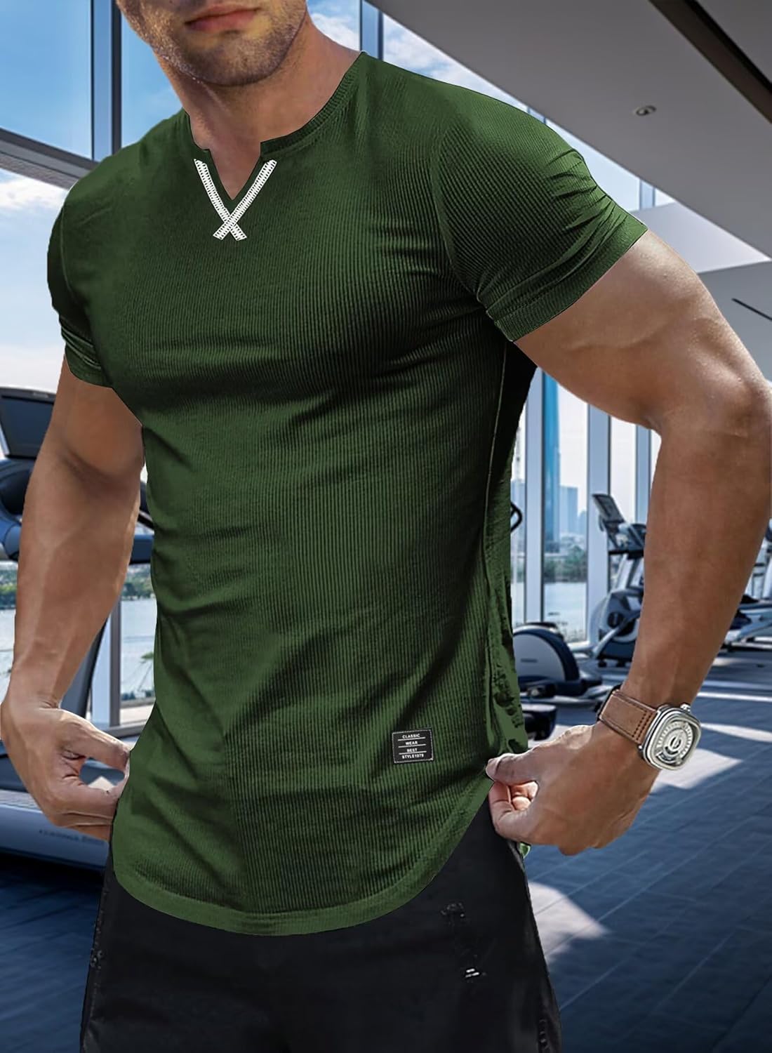 Men's Muscle Shirt V Neck Slim Longline Short Sleeve Henley Shirt Gym Workout Athletic Tees Mens Tights for Sports