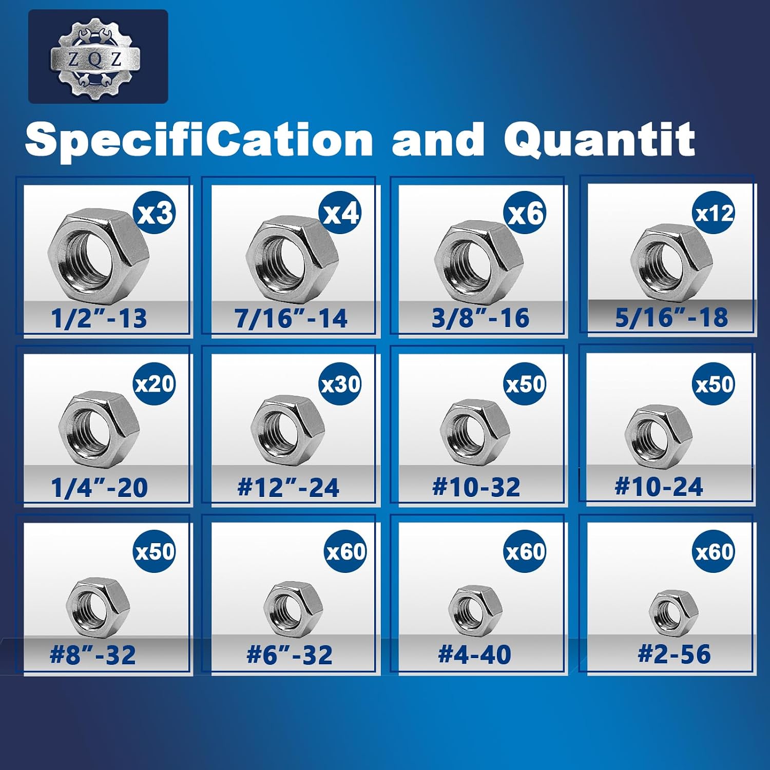 ZQZ 405 Pcs SAE Hex Nuts Assortment Kit Stainless Steel (#2-1/2) Nut Set image 2