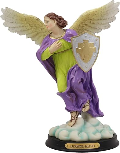 Ebros Santo Arcángel Santo Selaphiel Sealtiel Llevando Escudo de Fe Estatua con Placa de Nombre de Latón 10 pulgadas de alto Ángel Selaphiel Patrón
