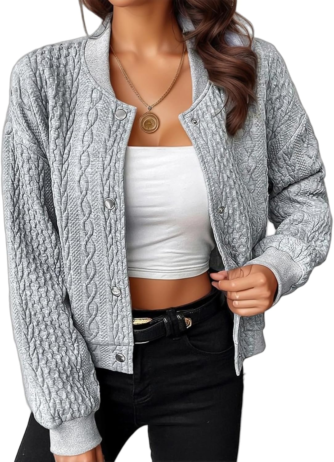 Flamingals Women's Long Sleeve Cropped Bomber Jacket Cable Knit Snap Button Front Casual Coat Outerwear