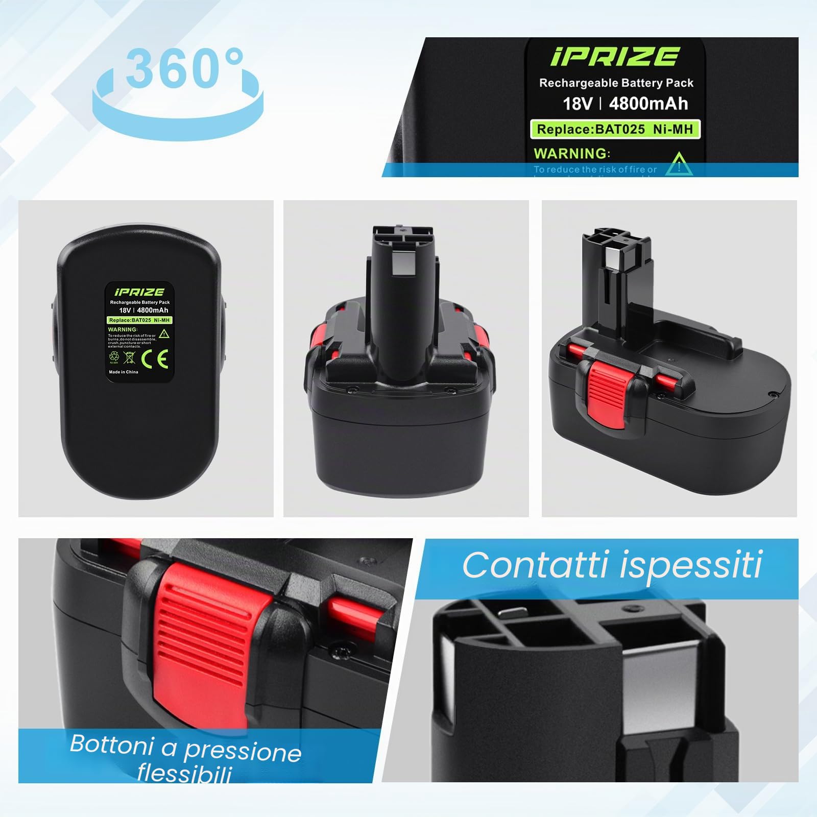 18V 4,8Ah Batteria per Bosch BAT025 BAT026 BAT160 BAT180 2607335277 2607335278 2607335535 2607335536 2607335680 2607335695 2607335713 13618 1644K 3860CK 52318 PSR 18 VE-2 GSR 18 VE-2