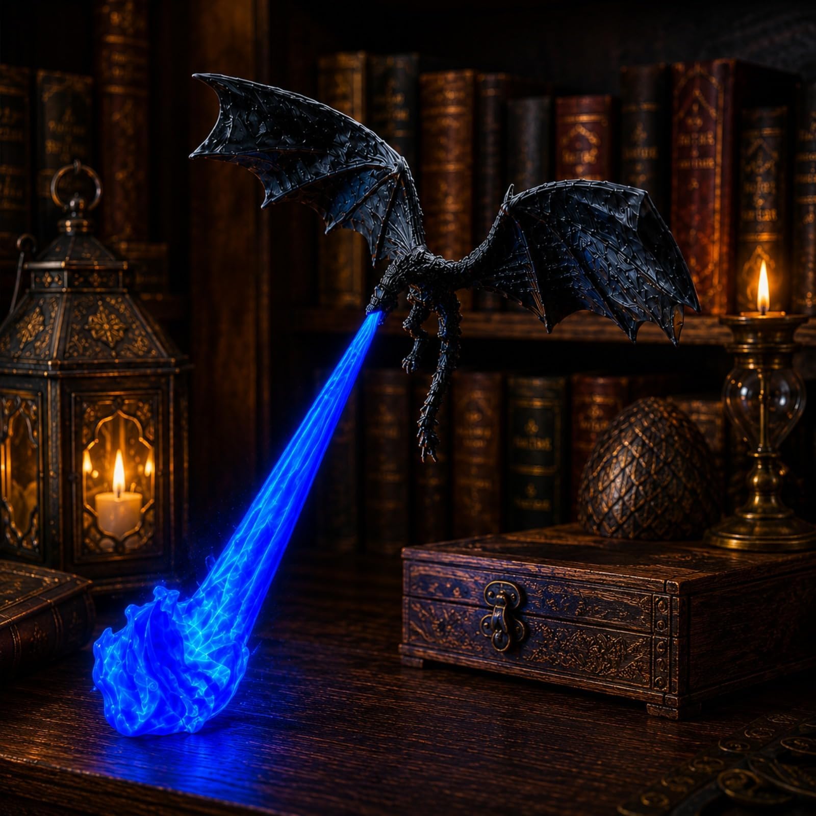 Dragon Bookshelf Nook Light 3D Printed with Flame Glow，Black Dragon with Blue Flame：Small