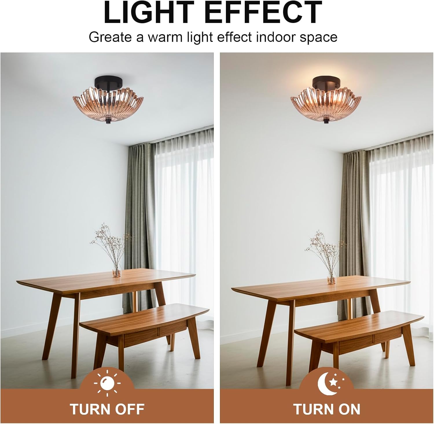 Black Ceiling Light Fixture 12" Vintage Scalloped Amber Glass Shade Semi Flush Mount Ceiling Light for Kitchen Bedroom Hall Living Room Hallway Office Overhead Lighting