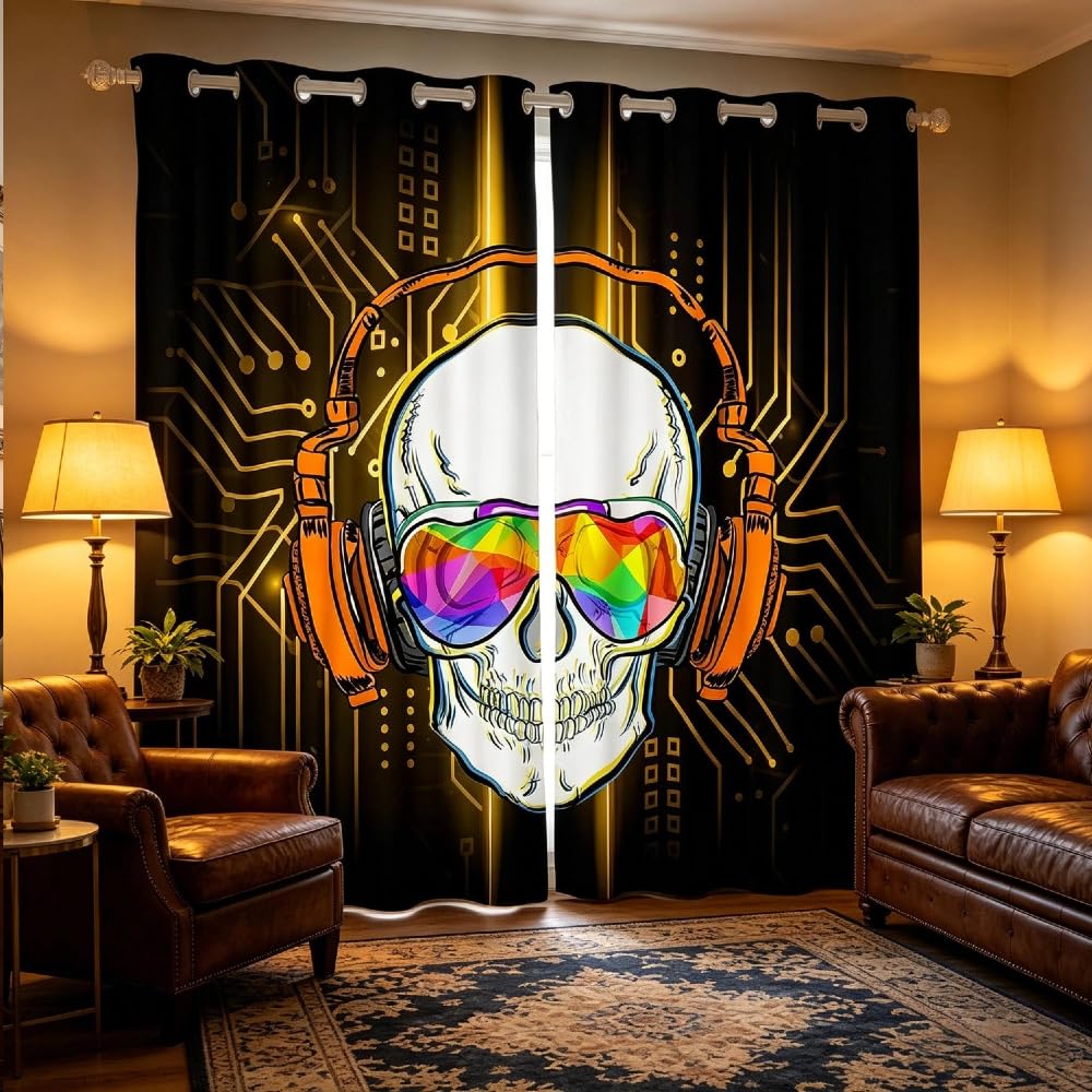Loussiesd Skull Window Curtains Boys Headphone Skeleton Window Drapes Kids Youth Game Living Room Tribal Ghost Curtain Panels Circuit Board Orange Window Treatments,W52*L63 — image 1