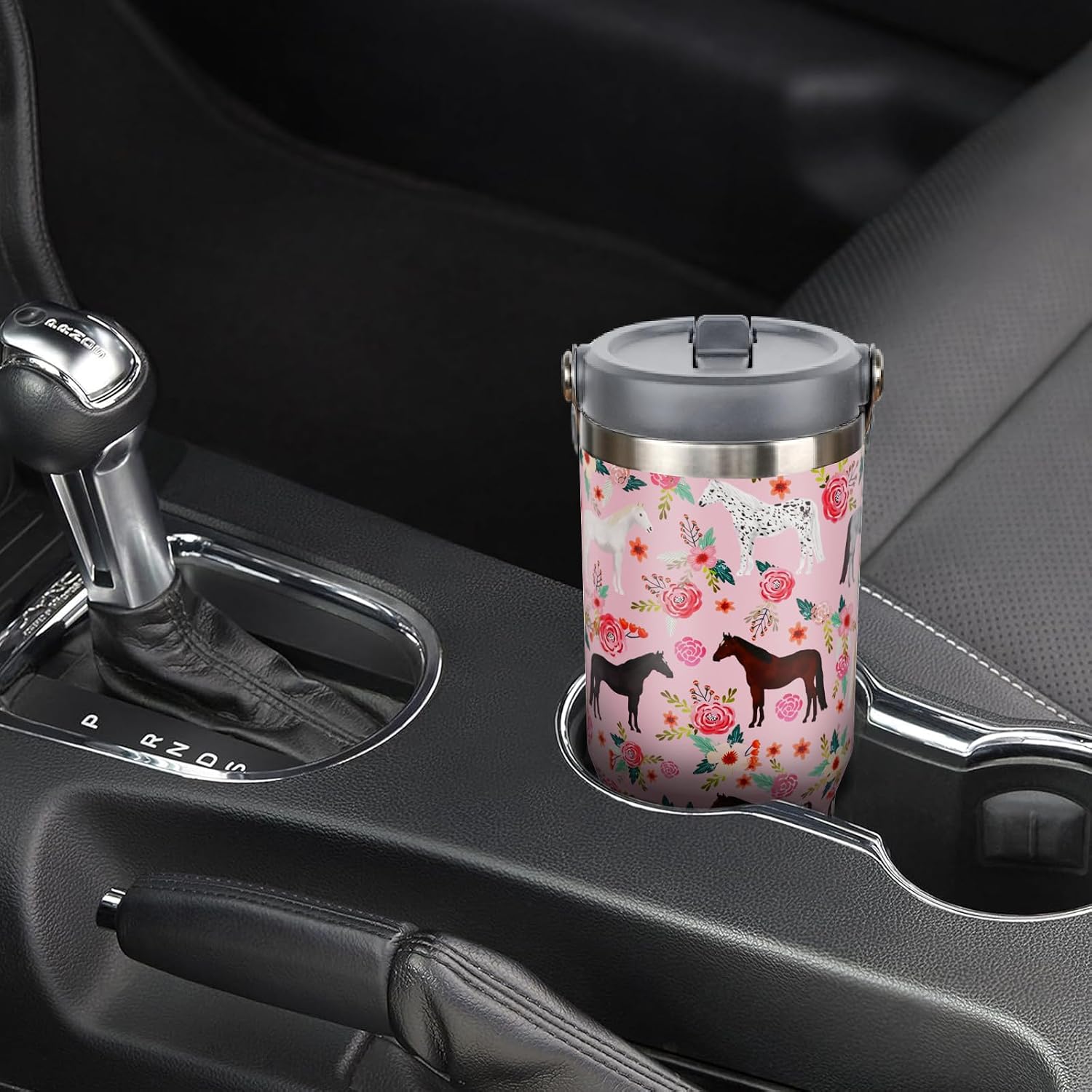 30 oz Pink Tumbler with Handle and Flip Straw, Vacuum Insulated Water Bottle Stainless Steel, Leak Proof Travel Coffee Mug Gifts for Horse Lover, Cute Floral Cup for Home Office Car Outdoors Sports