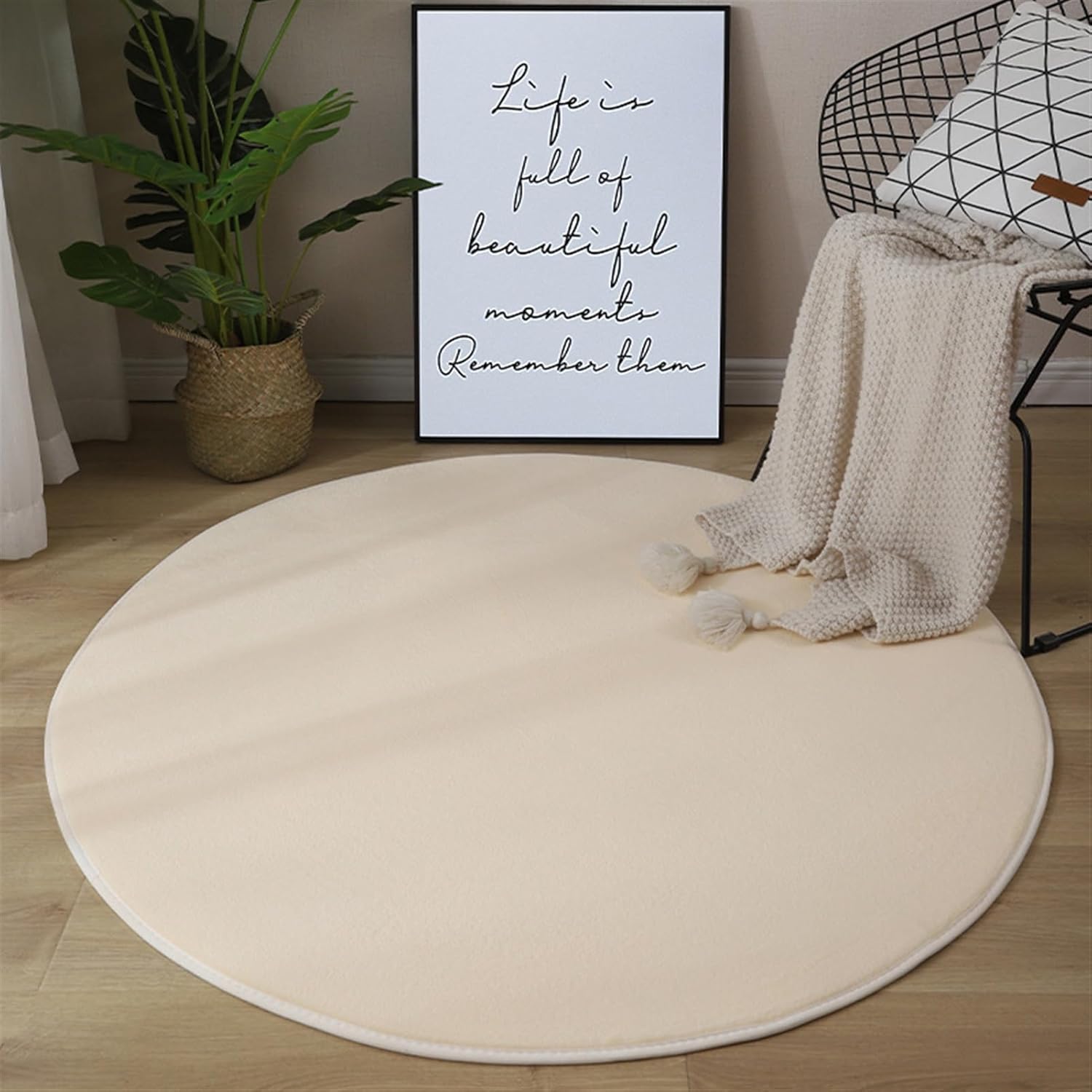 Lifup Round Area Rug, Fluffy Plush Shaggy Carpet, Soft Bedroom Circle Rugs Mats for Living Room Bedroom Kids Room Beige 4x4 Feet
