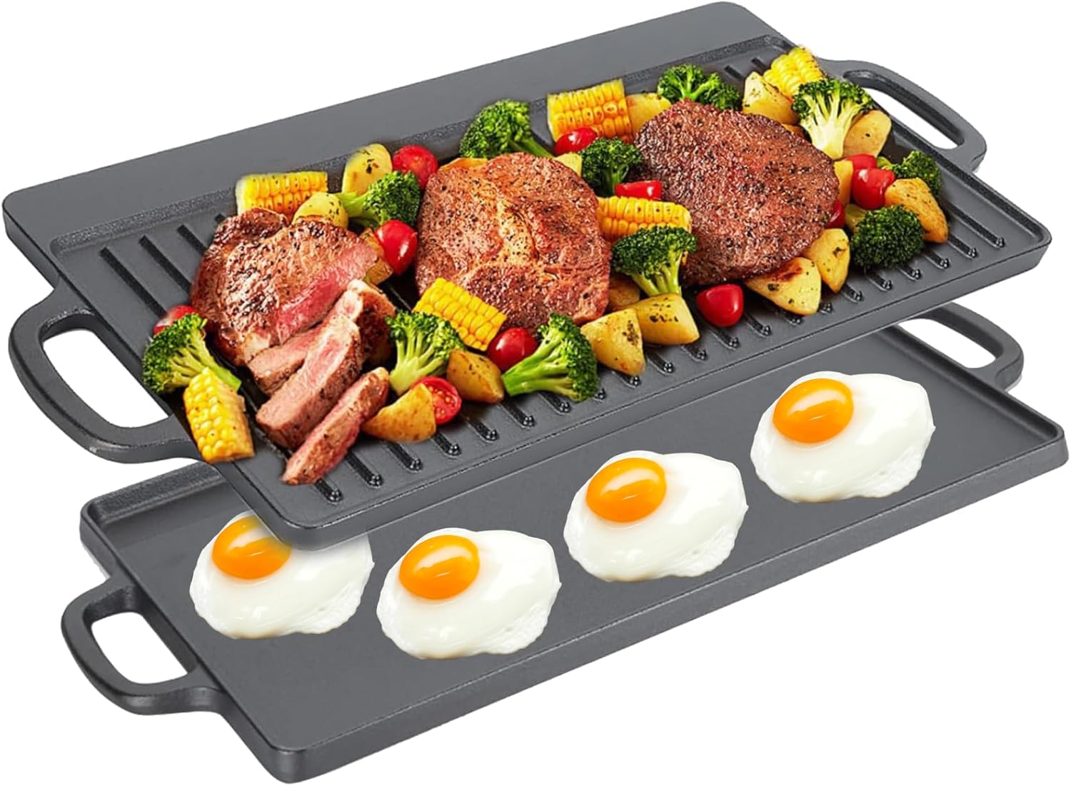 Cast Iron Griddle Pan DualSided Flat with Handles For Gas Stove Oven Campfire