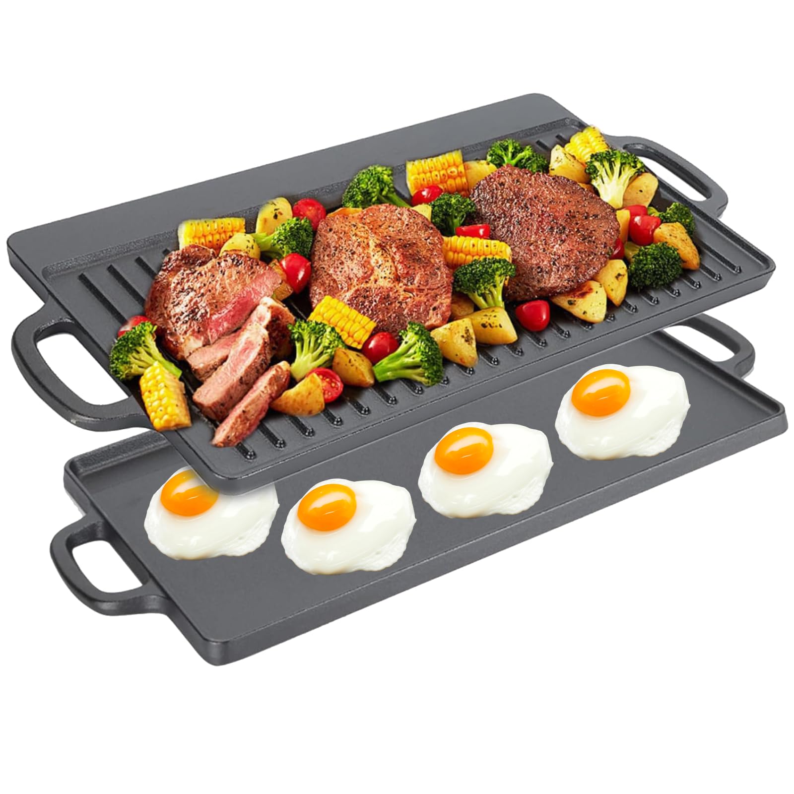 Non Stick Griddle Pan, Cast Iron Grill Griddle Pan Ridged and Flat Double Sided Baking with Handles for Gas Stovetop, Oven and Open Fire