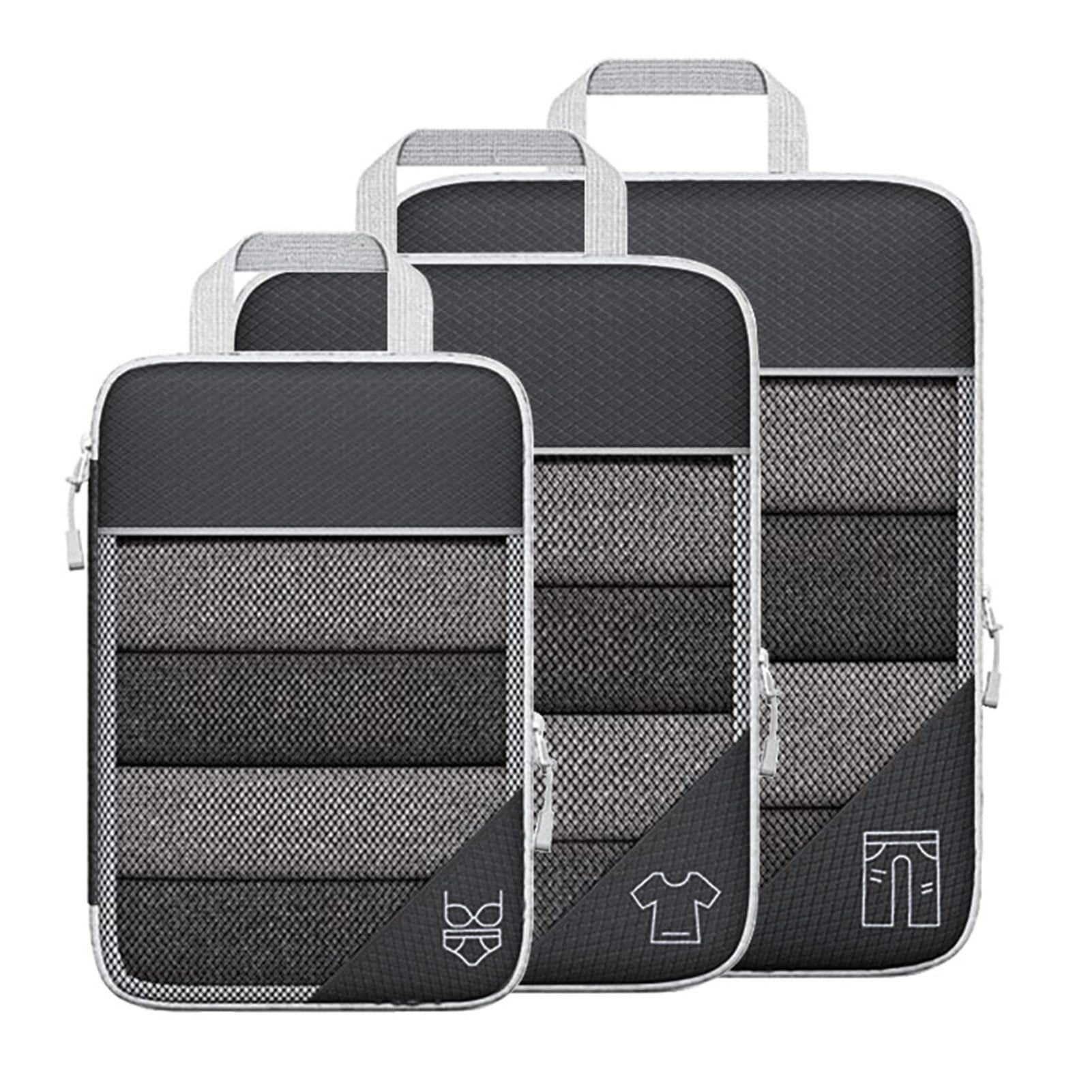 Ejoyous da Imballaggio a Compressione Cubi da Viaggio in Nylon Organizzatore da Viaggio 3 Pezzi Mesh Visibile Leggero Comprimibile Borse per Bagagli per Valigia da Uso Quotidiano Adulti (BLACK)