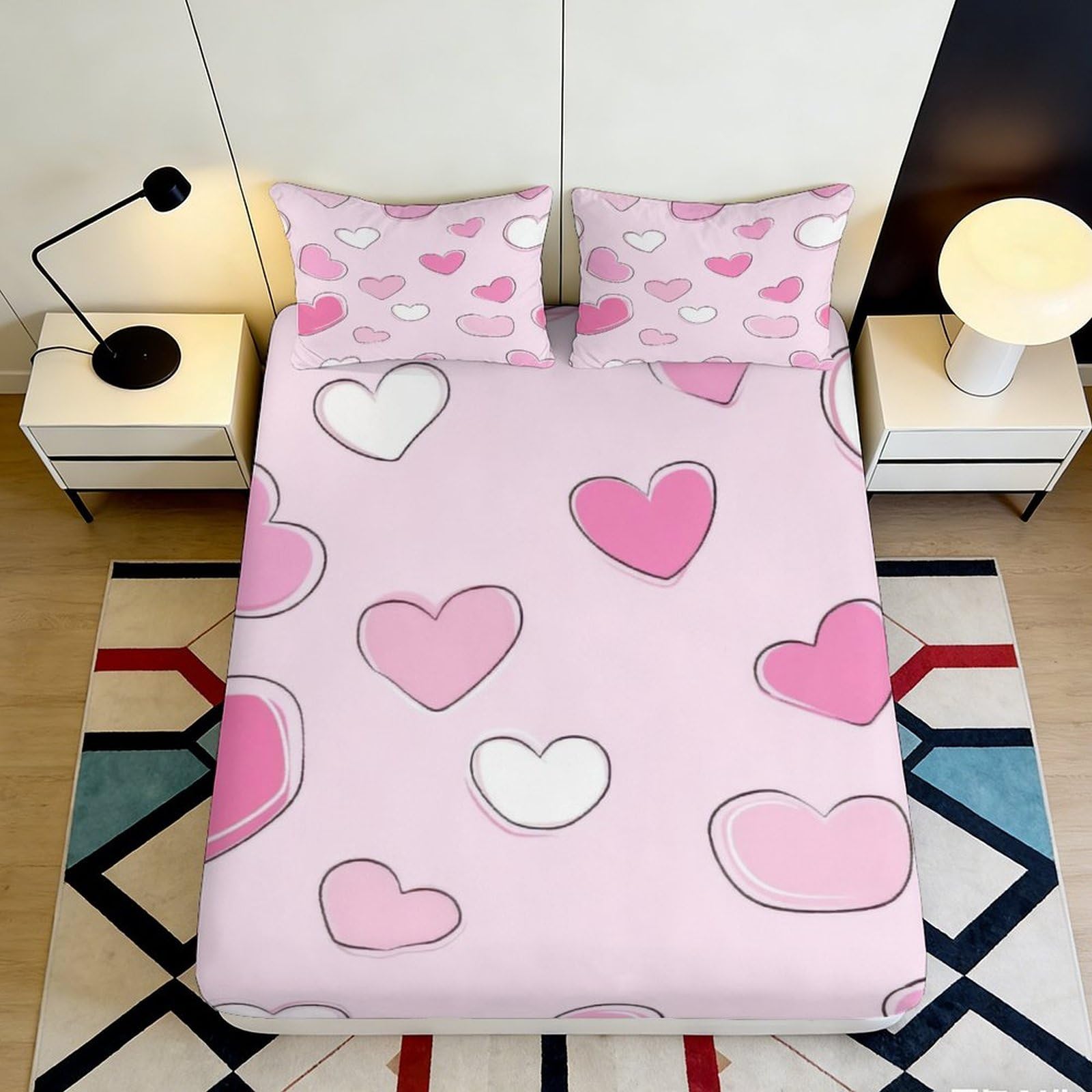 Pnayamiorkfel Style-3 3D Printed Pink Heart Fitted Sheet Microfiber Soft Bedroom Decor White Heart Mattress Cover For All Ages 90X200x25cm