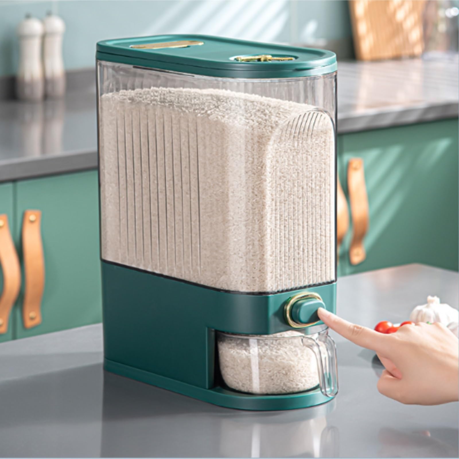 Domestici Dispenser Per Cereali Distributore di riso Contenitore per cereali Secchio per la conservazione del cibo secco con misurino Contenitori Cucina Ermetici(White,30cm)