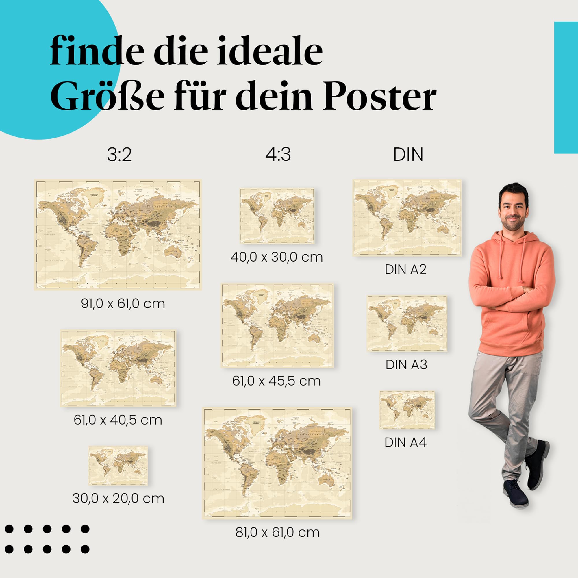 Postereck - 0610 - Alte Vintage Vektor Weltkarte, Länder Kontinente - Unterricht Klassenzimmer Schule Wandposter Fotoposter Bilder Wandbild Wandbilder - Leinwand - 75,0 cm x 50,0 cm