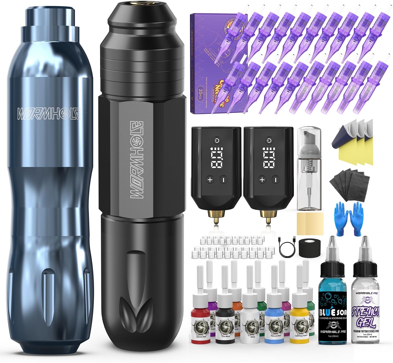 Wormhole Wireless Tattoo Gun Kit – Professional Tattoo Machine with Black & Gun Gray Dual Tattoo Pen Pens, Dual 1200mAh Batteries, Tattoo Inks, Practice Skin, Needles & Full Accessories for Artists