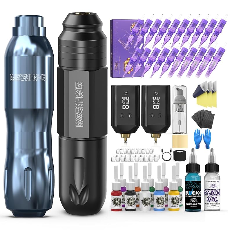 Kit para Tatuagem sem Fio Wormhole Tattoo com 2 Canetas, Baterias de 1200 mAh, Tintas, Pele para Prática, Agulhas e Acessórios
