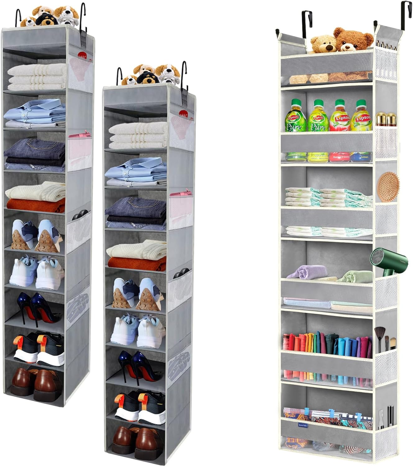 Hanging Shoe Organizer 10-Shelves 2-Pack Grey + Over The Door Hanging Organizer 6-Shelves Grey