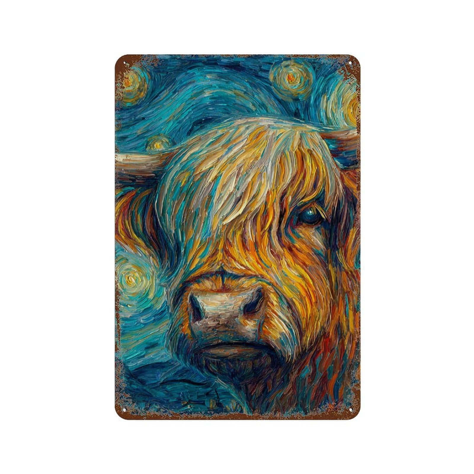 Rust Effect Starry Night Cow Painting Rustic Tin Plaque 11.8"x7.9", Classic Wall Plaque for Shed, Workshop And Garage Wall Decor