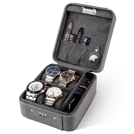 KAMIER Watch Case with Combination Lock - 4 Watch Storage and Jewelry Organizer - Watch Travel Case for Ring and Watch Storage, PU Leather Travel Watch Case, Ideal for Gift (With Gift Box), Grey