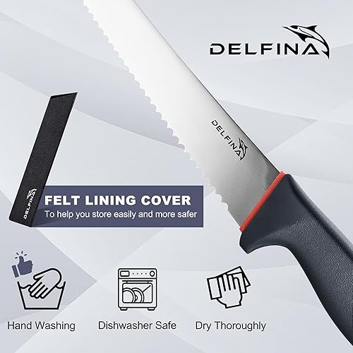 Miniatura 6 de DELFINA Cuchillo de pan de 10 pulgadas para masa madre de pan casero con agarre suave, cuchillo de pan dentado, borde ondulado, con funda para panes