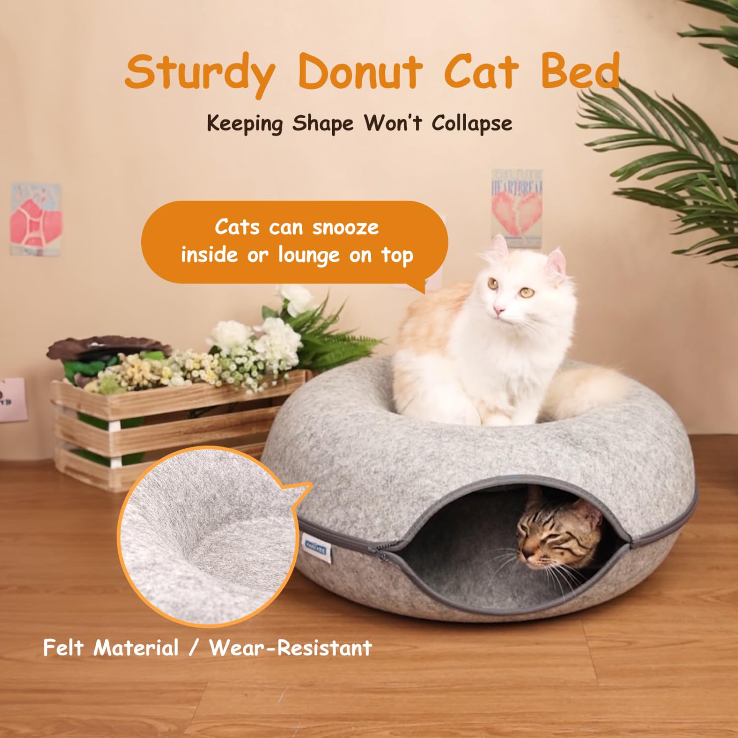 Nobleza Tunnel Per Gatti in Feltro, Cuccia per Gatti Rimovibile con Cerniera, Grande Cuccia Rotonda per Gatti da Interno, Adatto per Gatti di Taglia Medio-Grande Fino a 13 kg, 60×60×26cm, Grigio