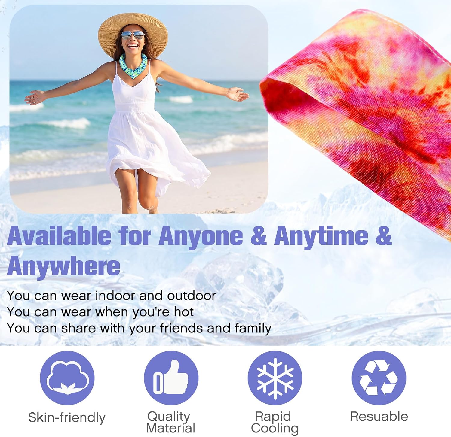 Hanaive 12 Pcs Cooling Neck Wraps with Button Tie Dye Neck Cooler for Hot Weather Ice Cooling Bandana Scarf for Summer Men Women (Tie Dye-2)