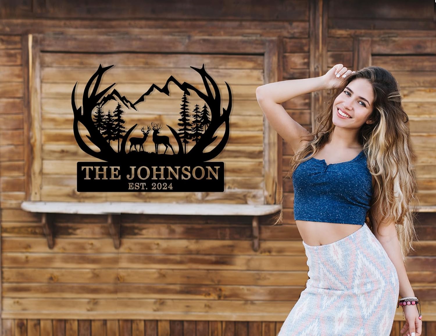 Personalized Last Name Sign with Deer, Custom Family Name Sign, Metal, Medium, Rustic, Animal, Wall Mount, Outdoor, Gifts Decor