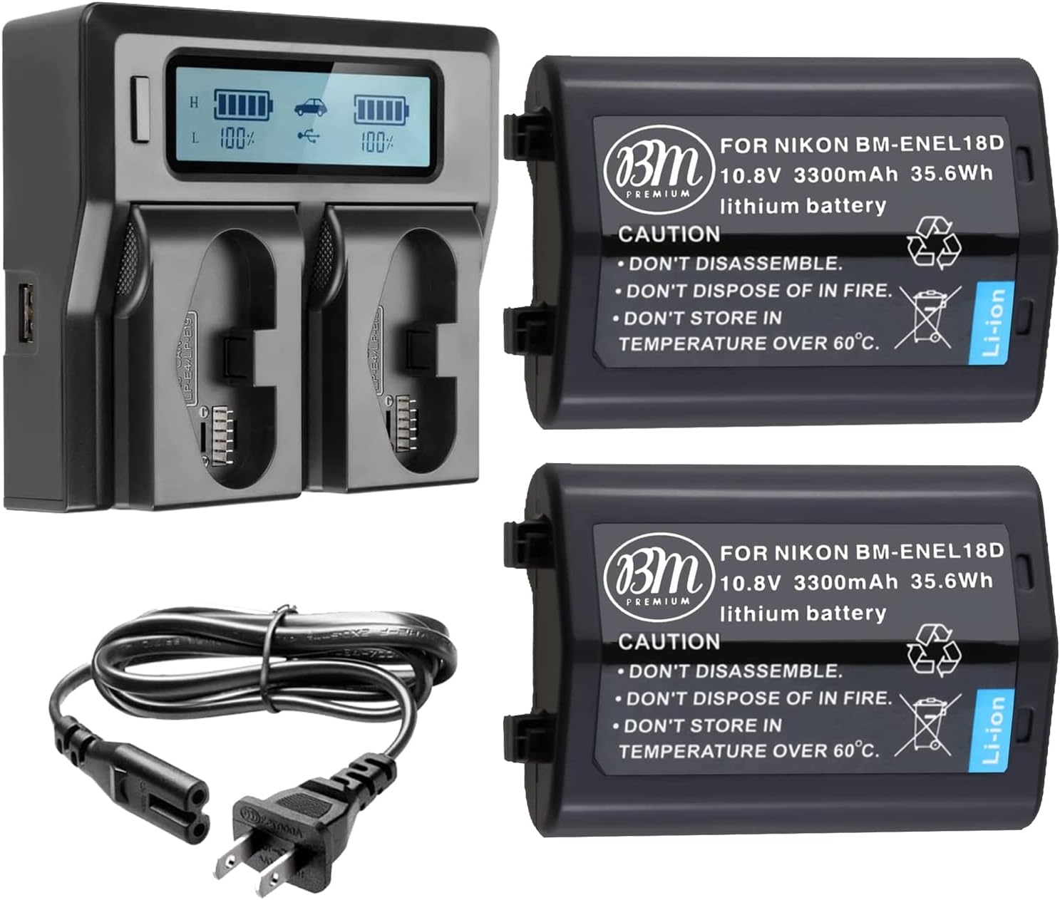 BM Premium 2 Pack of EN-EL18D Batteries and Battery Charger for Nikon Z9, D4, D4S, D5, D6 Digital SLR Cameras and Compatible with Nikon MB-D12, MB-D17, MB-D18 Battery Grips
