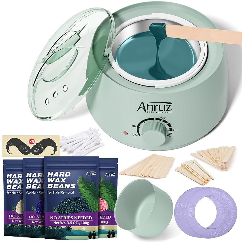 Kit ANRUZ para Depilação com Cera e Aquecedor Verde, 500 mL, com 4 Tipos de Cera e 40 Palitos
