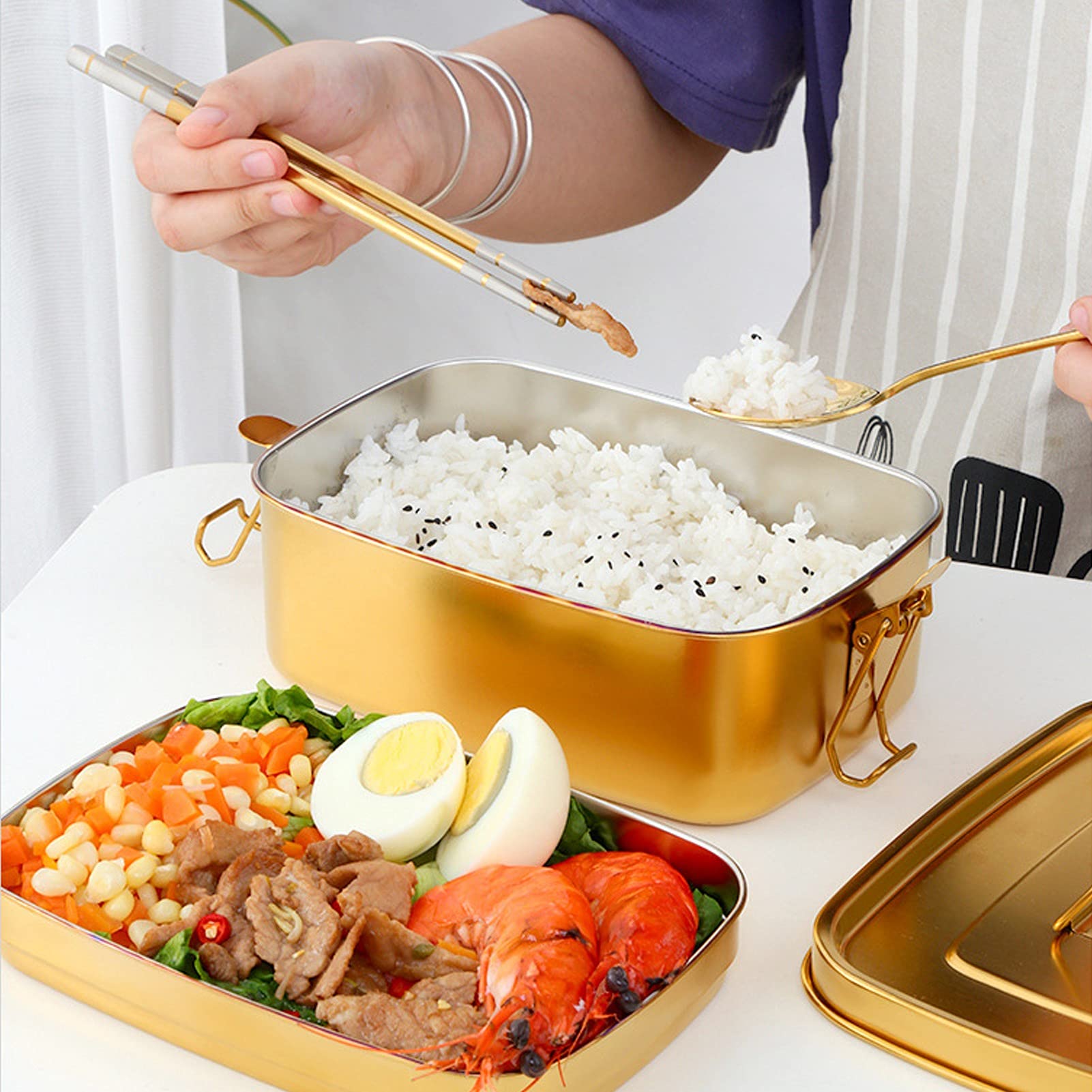 Pojemnik na lunch, 1.5L 2-warstwowy pojemnik na lunch przenośny pojemnik na żywność szczelny pojemnik na żywność Bento ze stali nierdzewnej 304 zastawa stołowa do domowego biura(Gold)