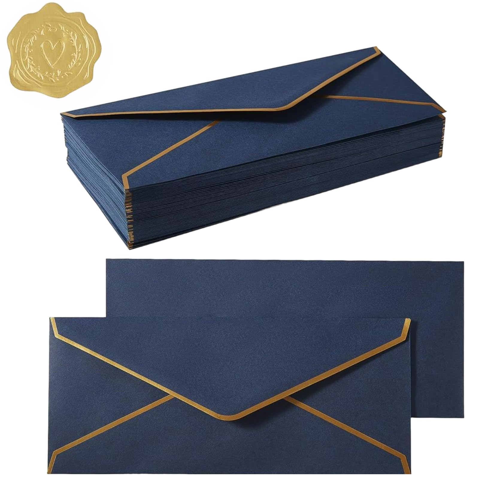 20 Pcs Gold Border Long Invitation Envelopes 9.49 X 4.13 Inches V Flap Quick Self Seal Envelopes with Gold Sticker Gift Envelope for Greeting Cards Wedding Birthday Handmade Invitations Xmas