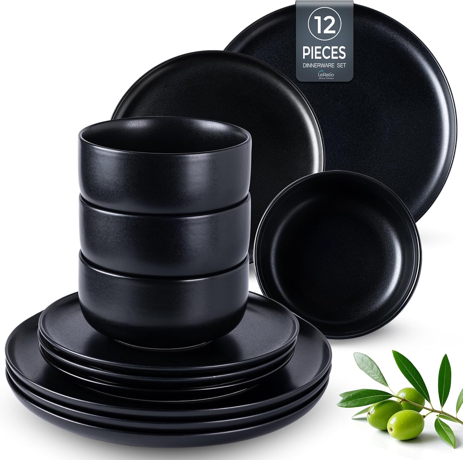 LERATIO Stoneware Dinnerware Sets for 4,Handcarft Ceramic Plates and Bowls Sets,Chip and Scratch Resistant Dishes, Dishwasher & Microwave Safe, Oven safe,Reactive Glaz-Black