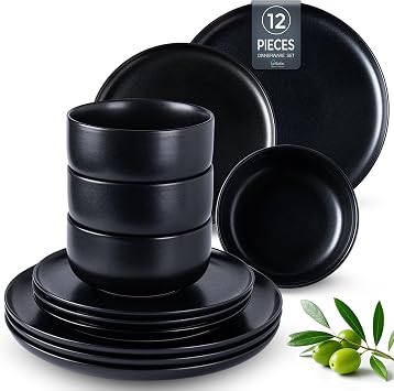 LERATIO Stoneware Dinnerware Sets for 4,12-Piece Plates and Bowls Set