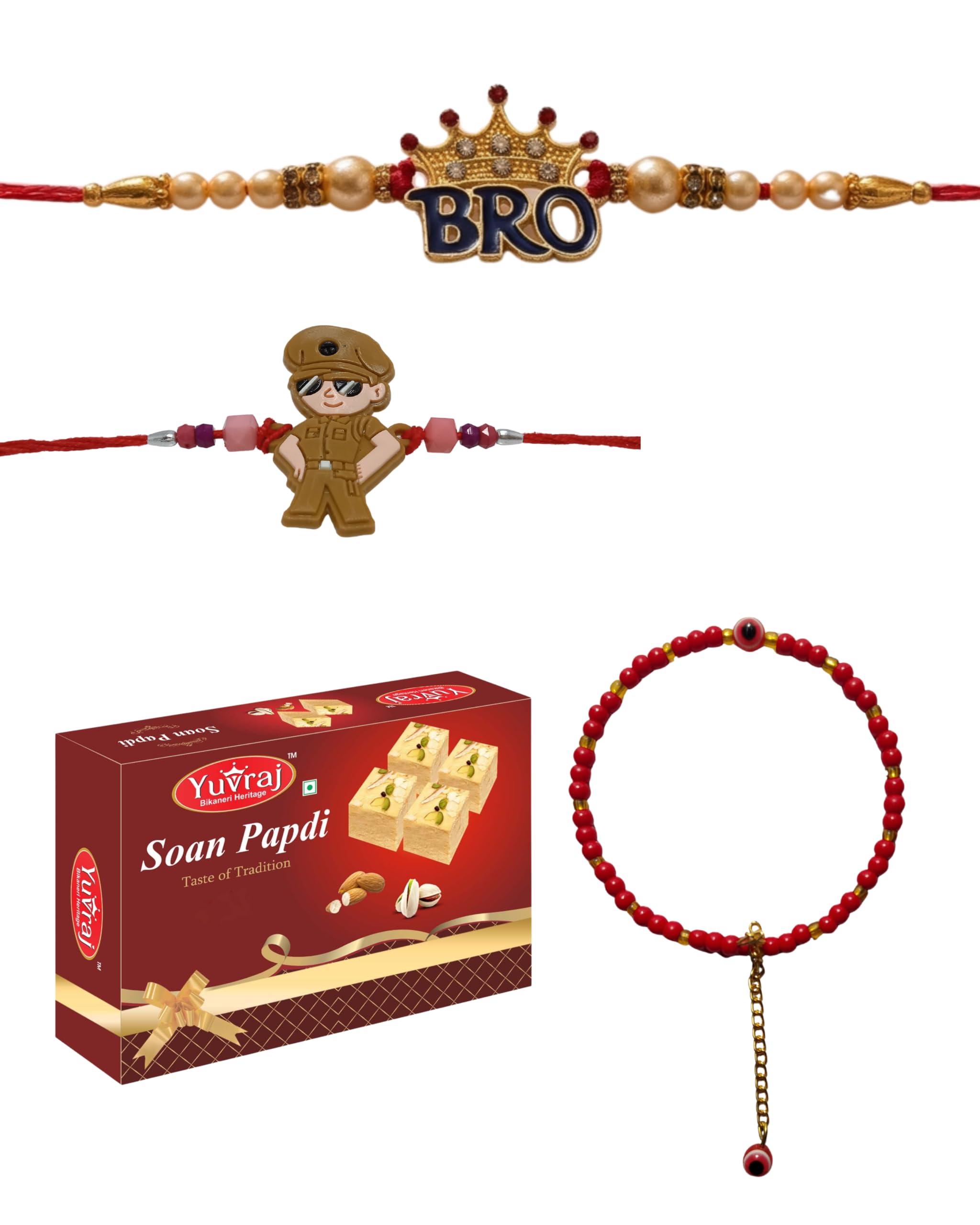 Yuvraj couple rakhi for bhaiya bhabhi & 1 kid rakhi & sweets soan papadi 200 gm | roli chawal pack-image-40